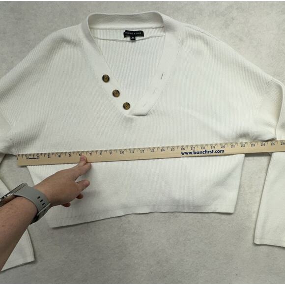 Kendall Kylie Sweater M White Ribbed Cotton Cropped Pullover V-Neck - Picture 5 of 8